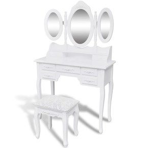 Greatstore Toaletna miza s stolčkom in 3 ogledali bele barve