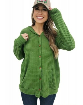 Green Open Front Pocket Button Down Knit Cardigan Coat 36195