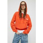 Bombažen pulover Moschino Jeans ženska, oranžna barva, s kapuco - oranžna. Pulover s kapuco iz kolekcije Moschino Jeans, izdelan iz tanke, rahlo elastične pletenine. Model iz izjemno udobne bombažne tkanine.
