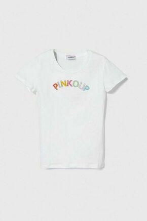 Otroška bombažna kratka majica Pinko Up bela barva - bela. Otroške kratka majica iz kolekcije Pinko Up. Model izdelan iz pletenine z nalepko. Model iz izjemno udobne tkanine z visoko vsebnostjo bombaža.