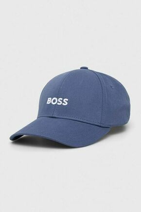 Bombažna bejzbolska kapa BOSS črna barva - modra. Kapa s šiltom vrste baseball iz kolekcije BOSS. Model izdelan iz tkanine z nalepko. Bombažen