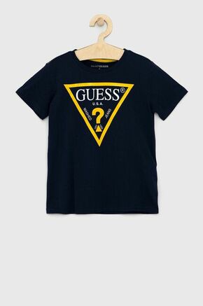 Otroški bombažen t-shirt Guess - mornarsko modra. Otroški T-shirt iz kolekcije Guess. Model izdelan iz tanke