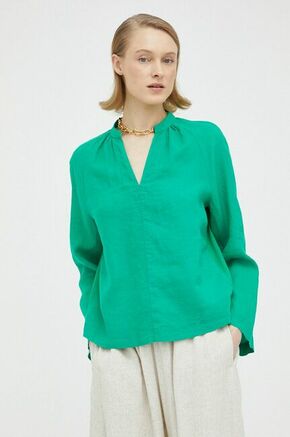 Lanena bluza Marc O'Polo zelena barva - zelena. Majica iz kolekcije Marc O'Polo. Model izdelan iz enobarvne tkanine. Ima V izrez. Izjemno udoben