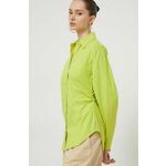 Bombažna srajca HUGO ženska, zelena barva - zelena. Srajca iz kolekcije HUGO, izdelana iz bombažne tkanine. Model iz zračne bombažne tkanine.
