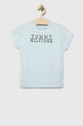 Otroška bombažna kratka majica Tommy Hilfiger - modra. Otroške lahkotna kratka majica iz kolekcije Tommy Hilfiger. Model izdelan iz elastične pletenine. Zračen