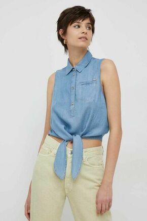 Majica Pepe Jeans ženska - modra. Majica iz kolekcije Pepe Jeans. Model izdelan iz enobarvne tkanine. Ima ovratnik. Zračen