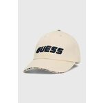 Bombažna bejzbolska kapa Guess bež barva - bež. Kapa s šiltom vrste baseball iz kolekcije Guess. Model izdelan iz materiala z nalepko.