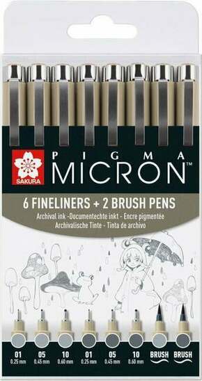 SAKURA Micron perá 6 svetlo studená šedá plus 2 Pigma Brush