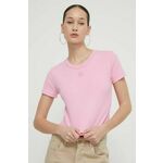 Kratka majica HUGO ženski, roza barva - roza. Kratka majica iz kolekcije HUGO, izdelana iz pletenine z nalepko. Model iz izjemno udobne tkanine z visoko vsebnostjo bombaža.