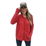 Red Open Front Pocket Button Down Knit Cardigan Coat 36196