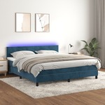 Greatstore Box spring postelja z vzmetnico LED temno modra 160x200cm žamet