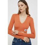 Majica z dolgimi rokavi Calvin Klein Jeans ženski, oranžna barva - oranžna. Majica z dolgimi rokavi iz kolekcije Calvin Klein Jeans, izdelana iz tanke, elastične pletenine. Model iz tkanine, ki je izjemno prijetna na otip.