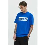 Bombažna kratka majica Hugo Blue moški - modra. Kratka majica iz kolekcije Hugo Blue, izdelana iz pletenine s potiskom. Model iz zračne bombažne tkanine.