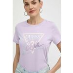 Bombažna kratka majica Guess ženska, roza barva, W4GI20 I3Z14 - vijolična. Kratka majica iz kolekcije Guess, izdelana iz pletenine z nalepko. Model iz izjemno udobne bombažne tkanine.