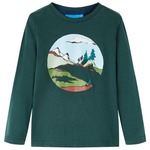 vidaXL Otroška majica z dolgimi rokavi potisk gora in dreves temno zelena 92