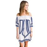 White Bohemian Vibe Geometric Print Off The Shoulder Beach Dress 25121