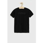 Otroški t-shirt Guess črna barva - črna. Otroški T-shirt iz kolekcije Guess. Model izdelan iz tanke, rahlo elastične pletenine.
