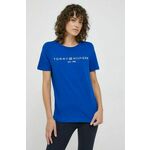 Bombažna kratka majica Tommy Hilfiger ženski, siva barva - modra. Kratka majica iz kolekcije Tommy Hilfiger, izdelana iz elastične pletenine. Model iz zračne bombažne tkanine.