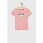 Otroška kratka majica Guess roza barva - roza. Kratka majica iz kolekcije Guess. Model izdelan iz tanke, elastične pletenine. Model iz izjemno udobne tkanine z visoko vsebnostjo bombaža.