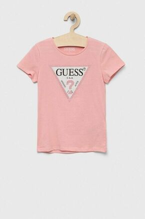 Otroška kratka majica Guess roza barva - roza. Kratka majica iz kolekcije Guess. Model izdelan iz tanke