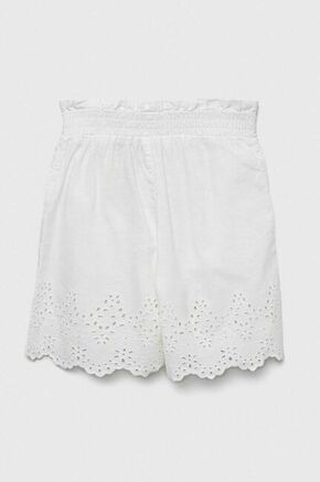 Otroške lanene kratke hlače Guess bela barva - bela. Kratke hlače iz kolekcije Guess. Model izdelan iz enobarvnega materiala. Lahek in udoben model