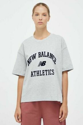 Bombažna kratka majica New Balance siva barva - siva. Ohlapna kratka majica iz kolekcije New Balance