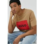 Bombažna kratka majica HUGO rjava barva - rjava. Ohlapna kratka majica iz kolekcije HUGO. Model izdelan iz tanke, elastične pletenine. Izjemno udoben material.