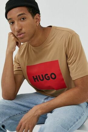 Bombažna kratka majica HUGO rjava barva - rjava. Ohlapna kratka majica iz kolekcije HUGO. Model izdelan iz tanke