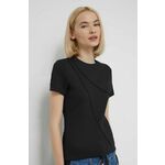 Kratka majica Desigual ženski, črna barva - črna. Kratka majica iz kolekcije Desigual, izdelana iz rebraste pletenine. Model iz izjemno udobne tkanine z visoko vsebnostjo bombaža.