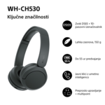 Sony WH‑CH530 slušalke, bluetooth/brezžične, črne, mikrofon