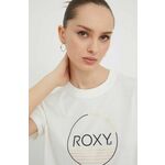 Bombažna kratka majica Roxy ženski, bela barva - bela. Ohlapna kratka majica iz kolekcije Roxy, izdelana iz tanke, elastične pletenine. Model iz zračne bombažne tkanine.