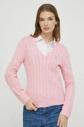 Bombažen pulover Polo Ralph Lauren bela barva - roza. Pulover iz kolekcije Polo Ralph Lauren. Model z V izrezom