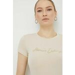 Kratka majica Armani Exchange ženski, bež barva - bež. Kratka majica iz kolekcije Armani Exchange, izdelana iz pletenine z nalepko. Model iz izjemno udobne tkanine z visoko vsebnostjo bombaža.