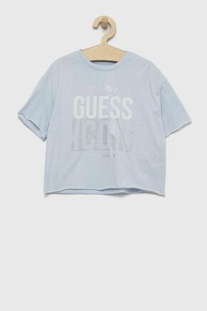 Bombažna kratka majica Guess - modra. Kratka majica iz kolekcije Guess. Model izdelan iz pletenine s potiskom.