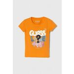Otroška kratka majica Guess oranžna barva - oranžna. Otroške kratka majica iz kolekcije Guess. Model izdelan iz pletenine s potiskom. Model iz zračne tkanine z visoko vsebnostjo bombaža.