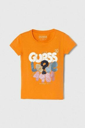 Otroška kratka majica Guess oranžna barva - oranžna. Otroške kratka majica iz kolekcije Guess. Model izdelan iz pletenine s potiskom. Model iz zračne tkanine z visoko vsebnostjo bombaža.