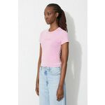 Kratka majica Guess ženski, roza barva - roza. Kratka majica iz kolekcije Guess, izdelana iz tanke, elastične pletenine. Model iz mehke in na otip prijetne tkanine.