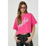 Bombažna kratka majica Karl Lagerfeld ženski, roza barva - roza. Kratka majica iz kolekcije Karl Lagerfeld, izdelana iz tanke, elastične pletenine. Model iz izjemno udobne bombažne tkanine, ki je zračna.