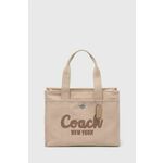 Torbica Coach bež barva - bež. Velika nakupovalna torbica iz kolekcije Coach. Model na zapenjanje, izdelan iz tekstilnega materiala.