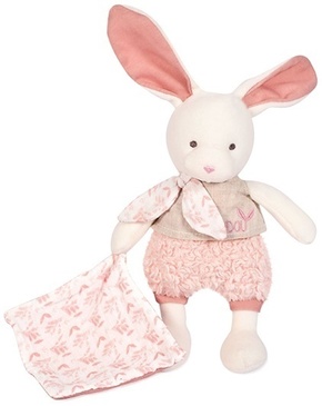 Doudou Plush Ecru zajček z roza odejico iz bio bombaža 22 cm