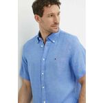 Lanena srajca Tommy Hilfiger MW0MW35207 - modra. Srajca iz kolekcije Tommy Hilfiger, izdelana iz enobarvnega materiala. Model iz izjemno udobne, zračne tkanine.