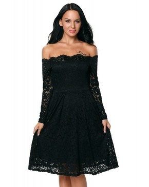 Black Long Sleeve Floral Lace Boat Neck Cocktail Swing Dress 23585