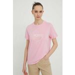 Bombažna kratka majica Roxy ženski, roza barva - roza. Ohlapna kratka majica iz kolekcije Roxy, izdelana iz tanke, elastične pletenine. Model iz zračne bombažne tkanine.