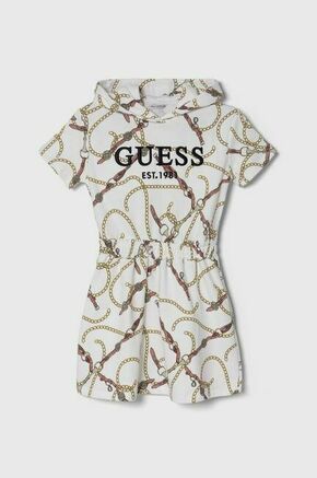 Otroška bombažna obleka Guess bež barva - bež. Otroški obleka iz kolekcije Guess. Model izdelan iz vzorčaste pletenine. Model iz izjemno udobne bombažne tkanine.