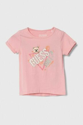 Otroška kratka majica Guess roza barva - roza. Otroške kratka majica iz kolekcije Guess. Model izdelan iz tanke