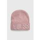 Otroška kapa Guess roza barva - roza. Otroški kapa iz kolekcije Guess. Model izdelan iz pletenine z nalepko.