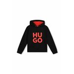Otroški pulover HUGO črna barva, s kapuco - črna. Otroški pulover iz kolekcije HUGO, izdelan iz pletenine s potiskom. Model iz izjemno udobne tkanine z visoko vsebnostjo bombaža.