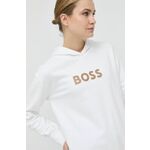 Bombažen pulover BOSS ženski, bela barva s kapuco - bela. Pulover s kapuco iz kolekcije BOSS. Model izdelan iz pletenine s potiskom.