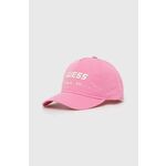 Bombažna bejzbolska kapa Guess roza barva - roza. Kapa s šiltom vrste baseball iz kolekcije Guess. Model izdelan iz tkanine z nalepko.