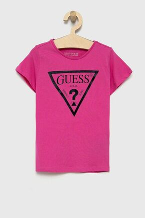 Otroški bombažen t-shirt Guess - vijolična. Otroški T-shirt iz kolekcije Guess. Model izdelan iz tanke